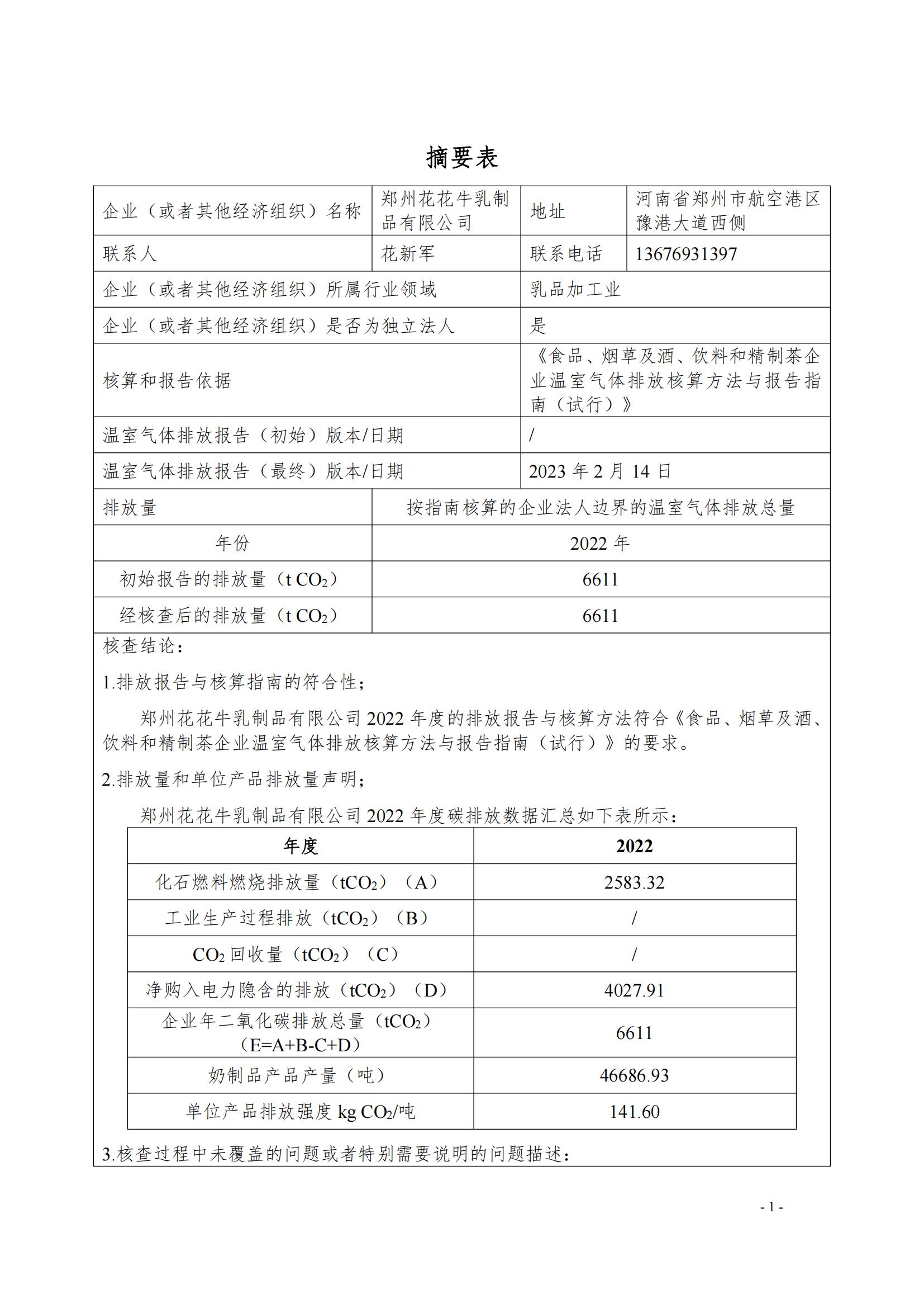 《鄭州花花牛乳制品有限公司2022年度溫室氣體排放核查報(bào)告》公示