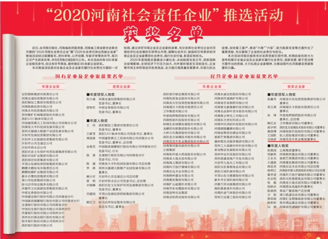 榮譽 | 花花牛乳業(yè)集團斬獲“2020河南社會責任企業(yè)”推選活動兩項大獎